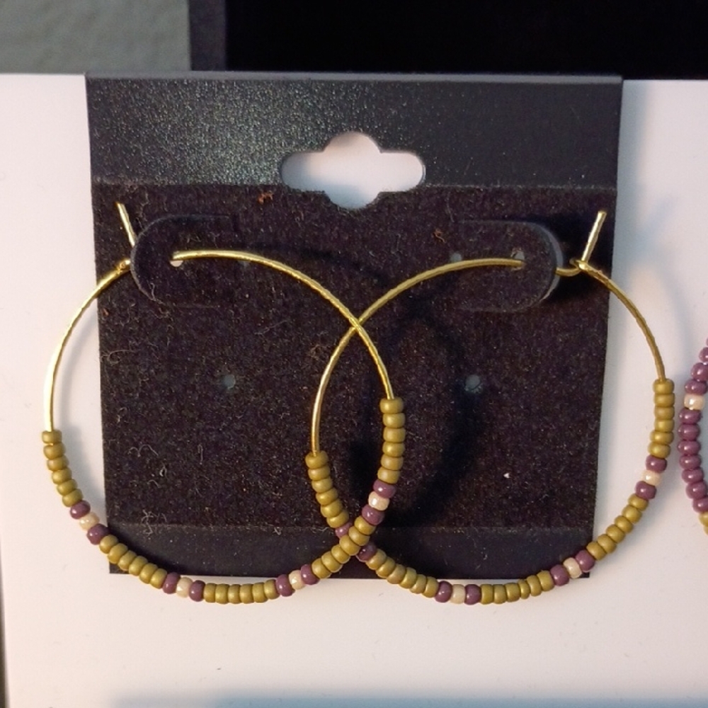 Elegant Gold and Purple Beaded Hoop Earrings